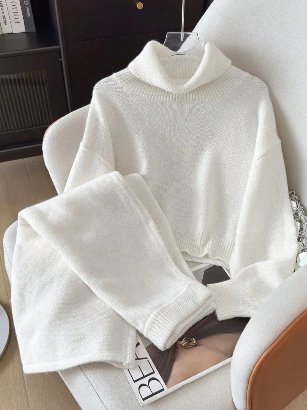 cream Casual Women's Knitted High Neck Maxi Sweater and Skirt 2 piece coord Set